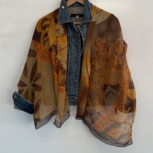 100% Silk Chiffon Scarf | Brown & Gold Botanical Print | Lightweight Long Scarf